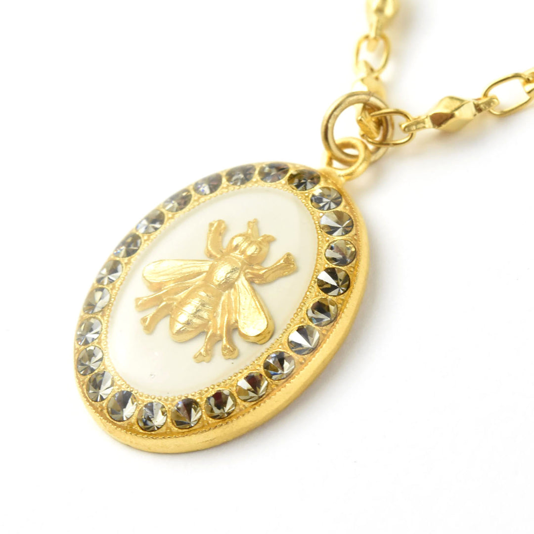 Oval Bee Necklace in White Enamel - Goldmakers Fine Jewelry