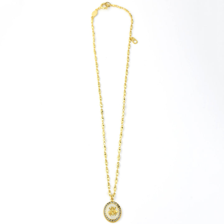 Oval Bee Necklace in White Enamel - Goldmakers Fine Jewelry