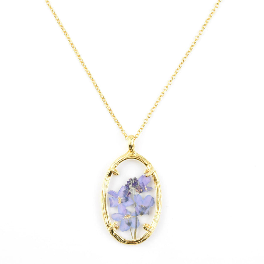 Oval Botanical Necklace with Forget-Me-Nots - Goldmakers Fine Jewelry