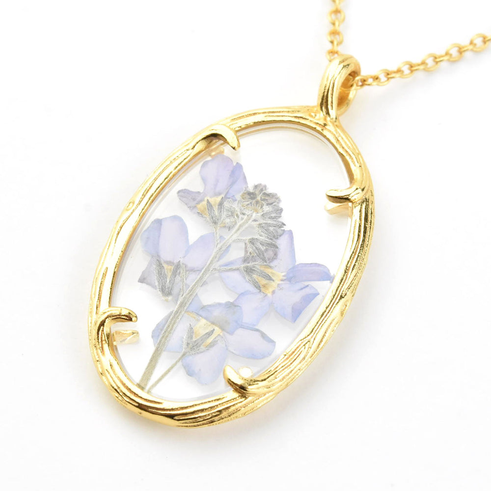 Oval Botanical Necklace with Forget-Me-Nots - Goldmakers Fine Jewelry