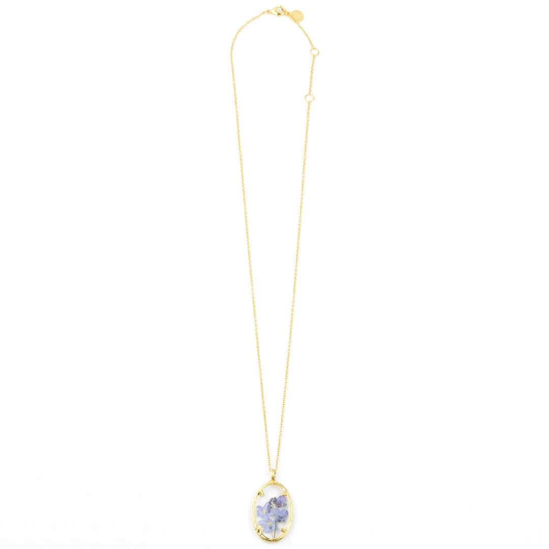 Oval Botanical Necklace with Forget-Me-Nots - Goldmakers Fine Jewelry