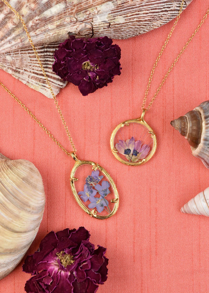 Small Winter Botanical Necklace, Purple Petals - Goldmakers Fine Jewelry