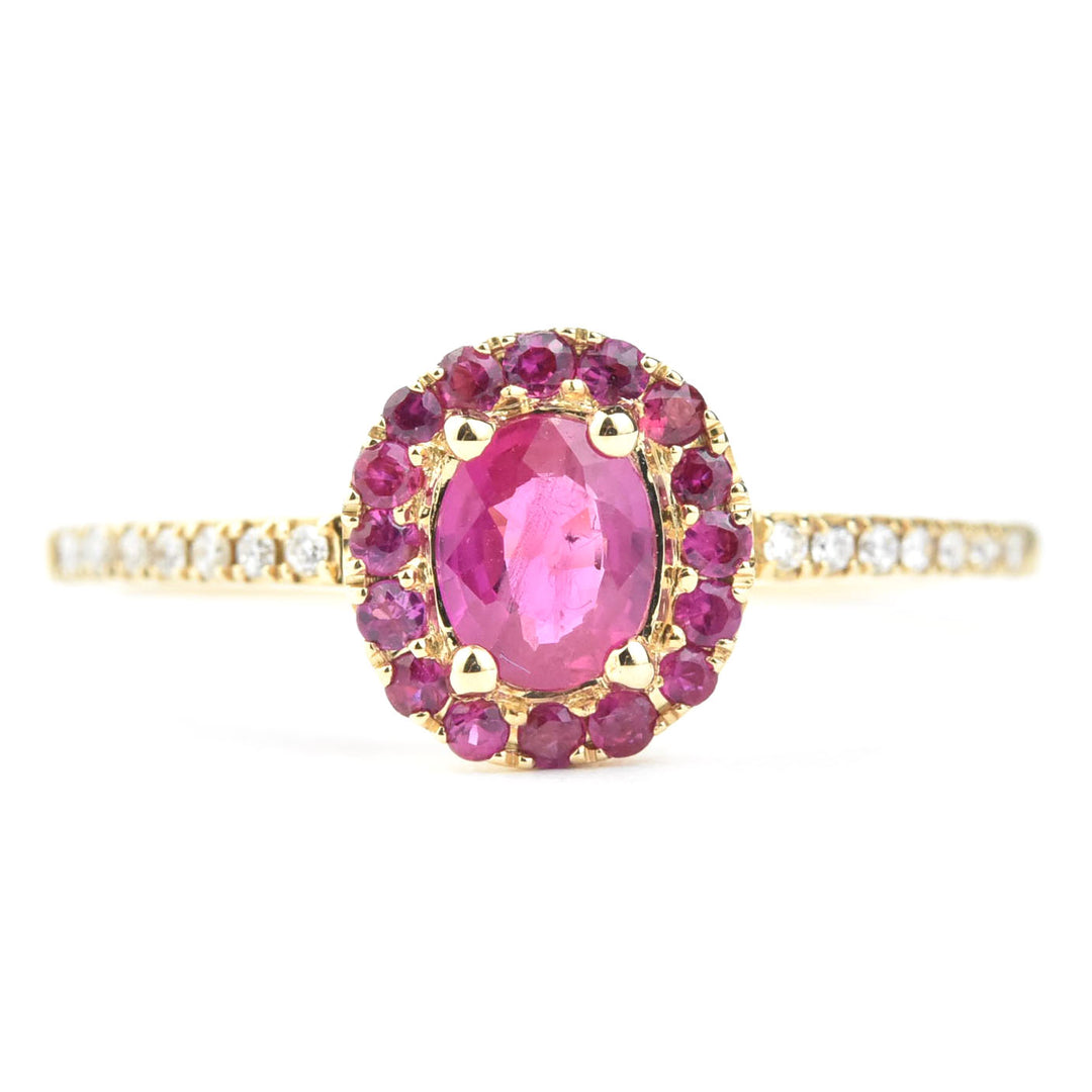 Oval Ruby Halo and Diamond Ring in 14k Yellow Gold