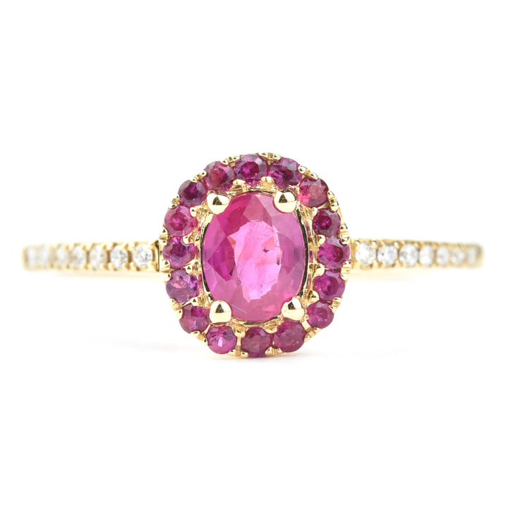 Oval Ruby Halo and Diamond Ring in 14k Yellow Gold