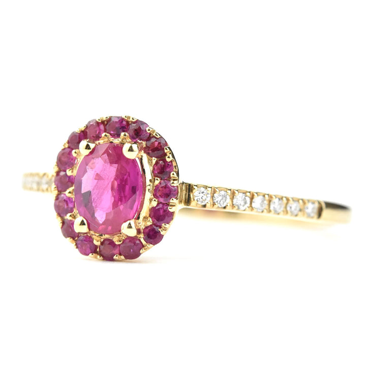 Oval Ruby Halo and Diamond Ring in 14k Yellow Gold