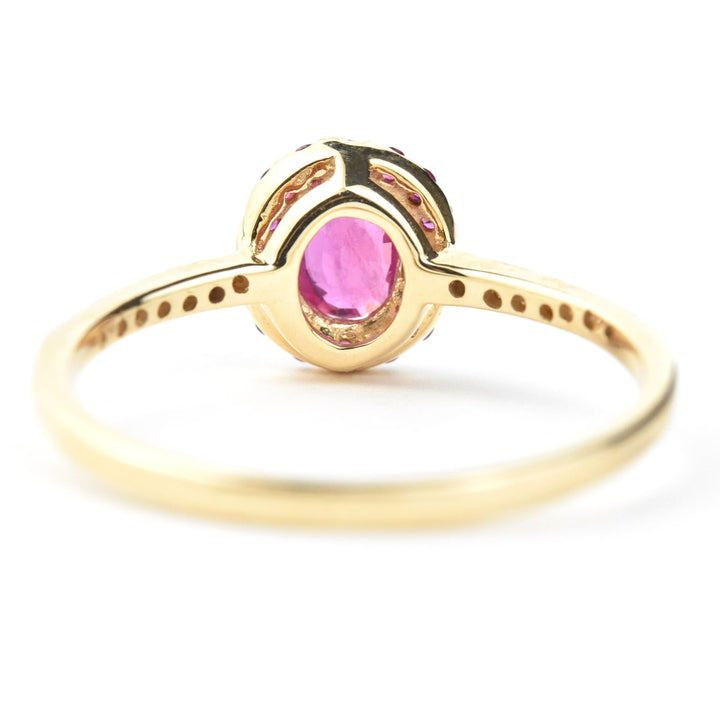 Oval Ruby Halo and Diamond Ring in 14k Yellow Gold
