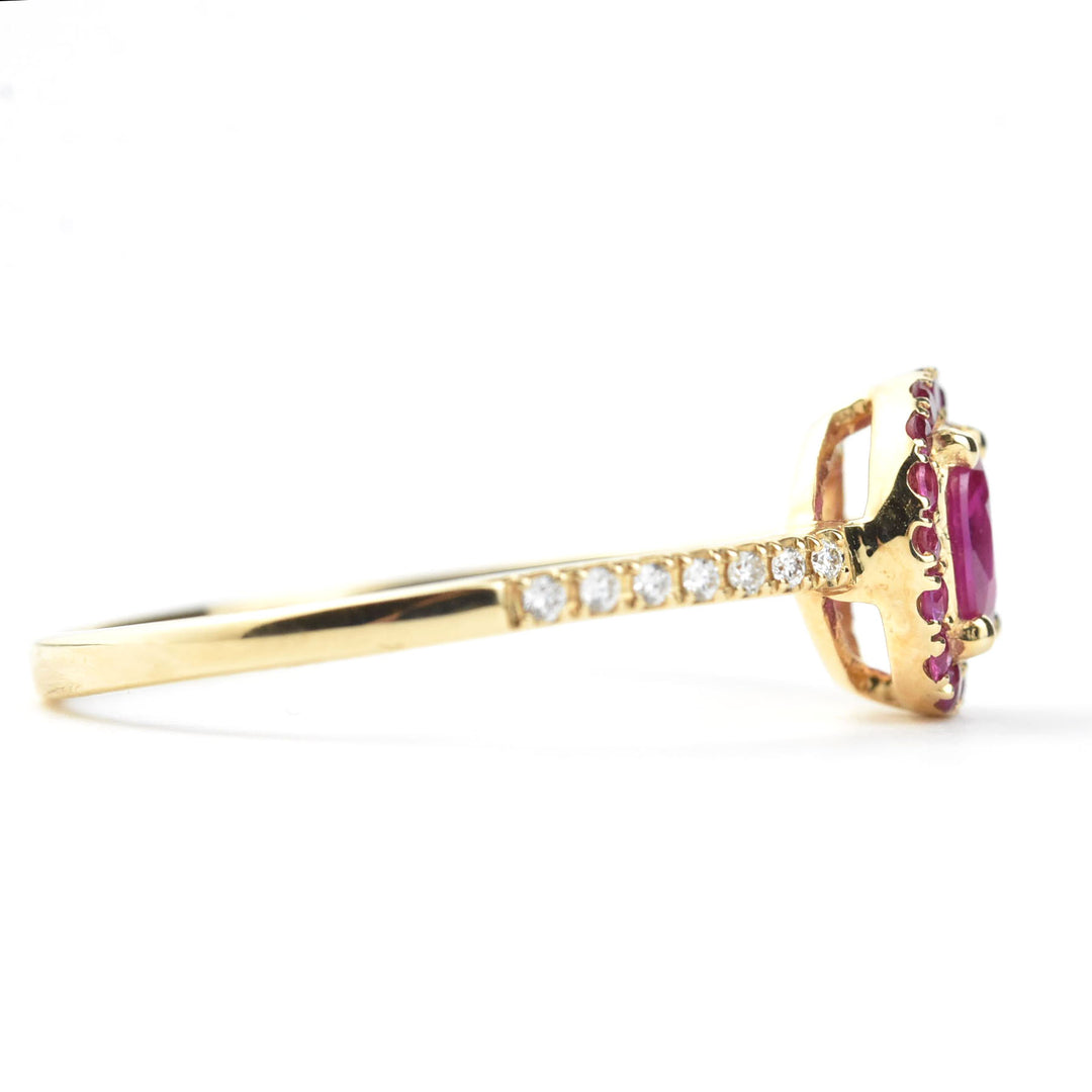 Oval Ruby Halo and Diamond Ring in 14k Yellow Gold