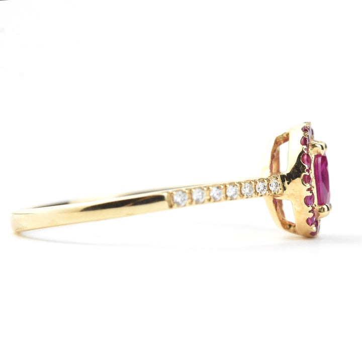Oval Ruby Halo and Diamond Ring in 14k Yellow Gold