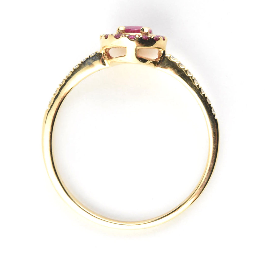 Oval Ruby Halo and Diamond Ring in 14k Yellow Gold