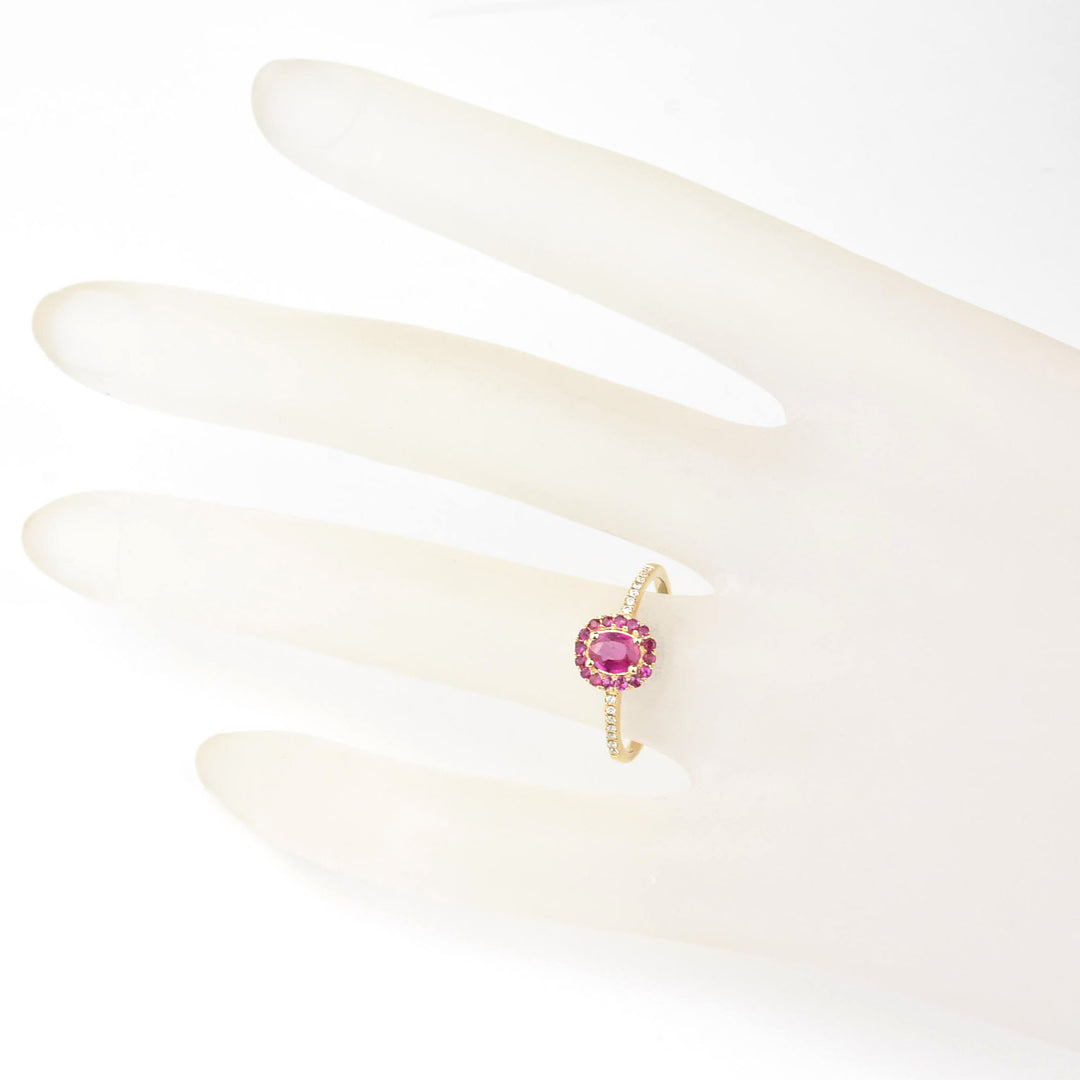 Oval Ruby Halo and Diamond Ring in 14k Yellow Gold