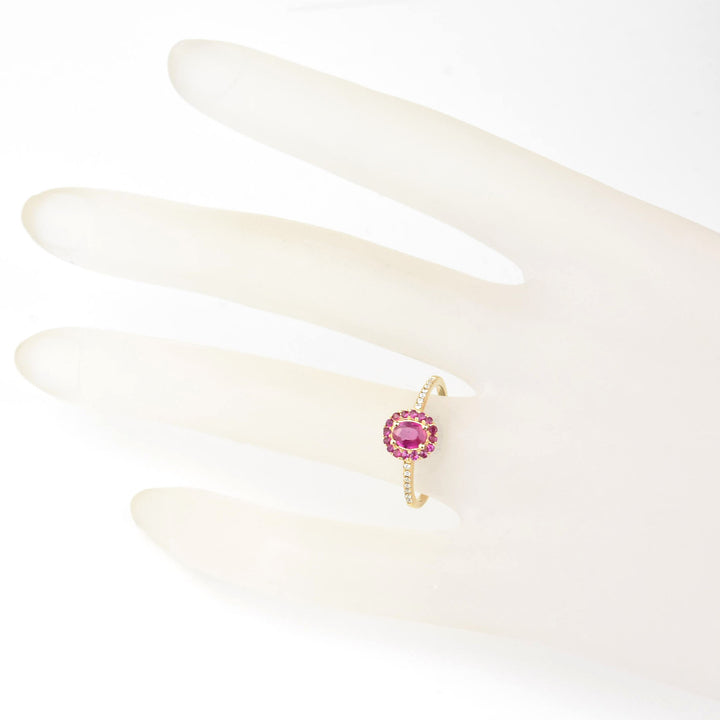 Oval Ruby Halo and Diamond Ring in 14k Yellow Gold