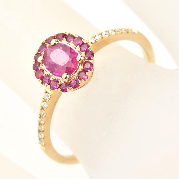 Oval Ruby Halo and Diamond Ring in 14k Yellow Gold