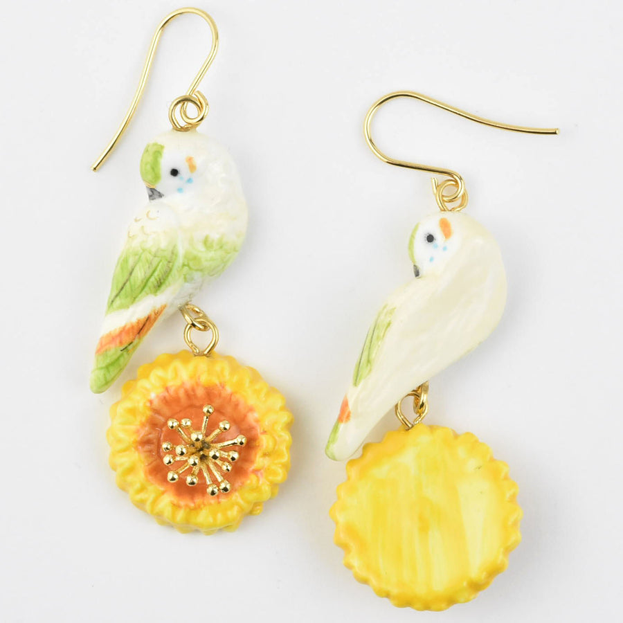 Parakeet and Dandelion Earrings - Goldmakers Fine Jewelry