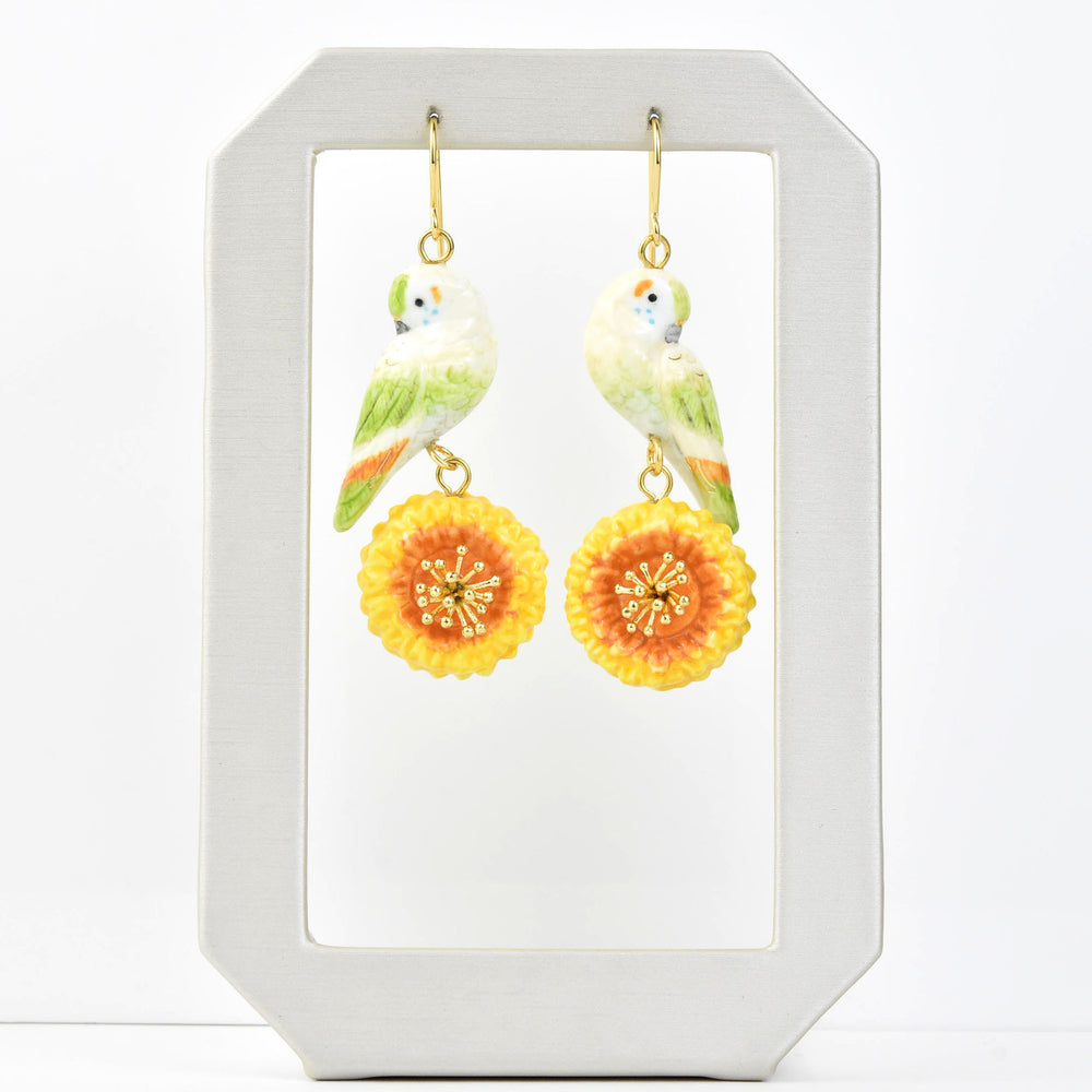 Parakeet and Dandelion Earrings - Goldmakers Fine Jewelry