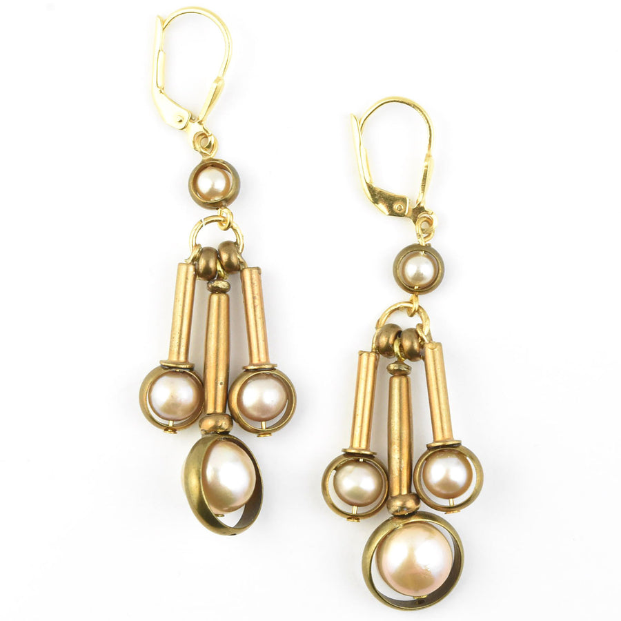 Pearl and Brass Drop Earrings - Goldmakers Fine Jewelry