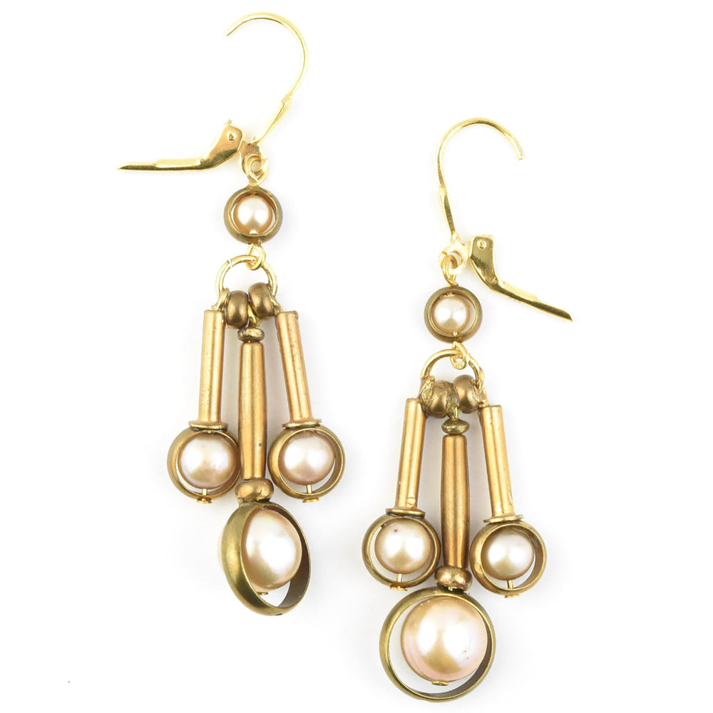 Pearl and Brass Drop Earrings - Goldmakers Fine Jewelry