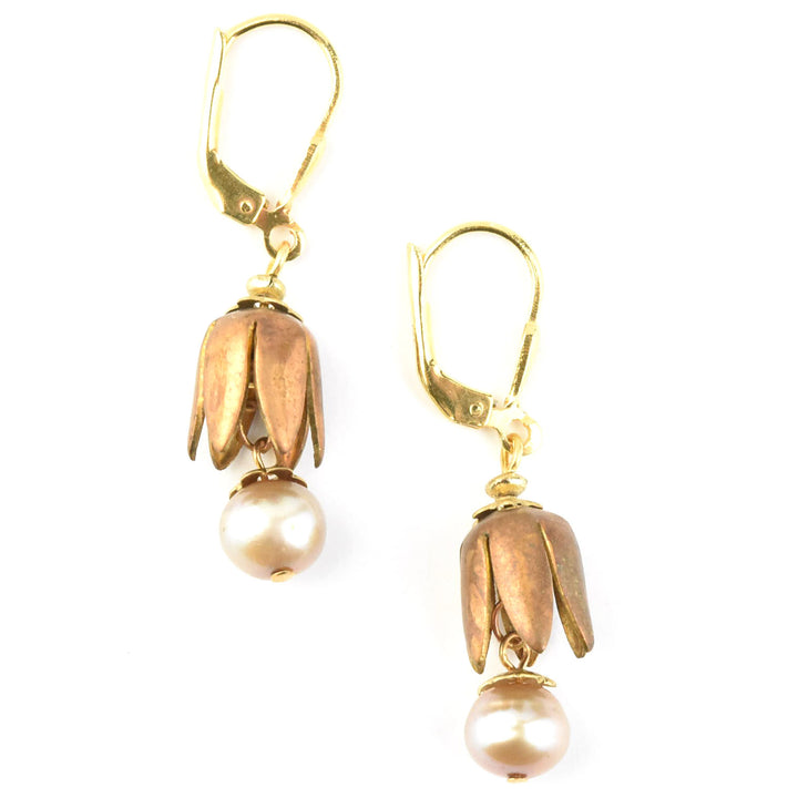 Vintage Brass Tulip & Pearl Earrings
