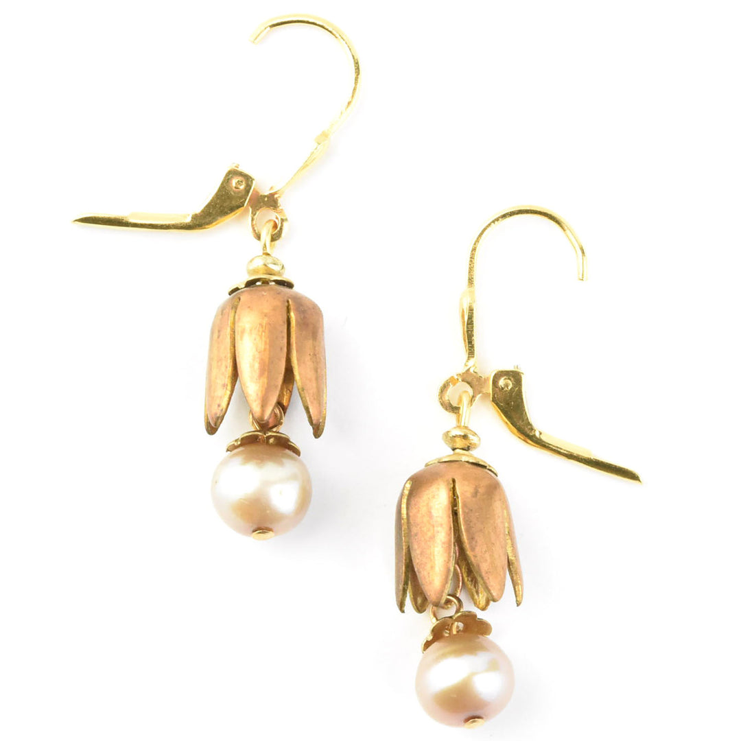 Vintage Brass Tulip & Pearl Earrings