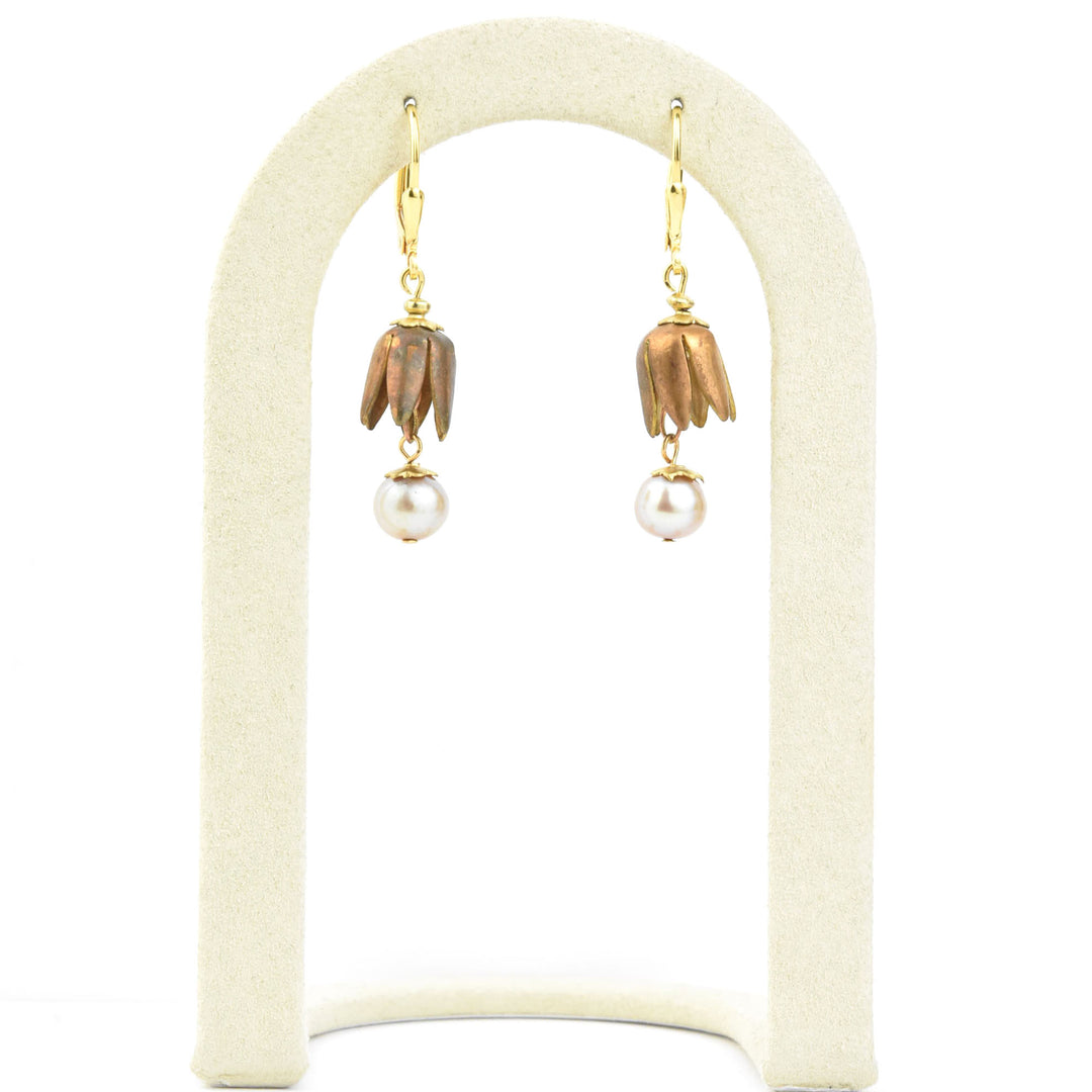 Vintage Brass Tulip & Pearl Earrings