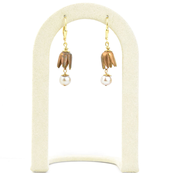 Vintage Brass Tulip & Pearl Earrings
