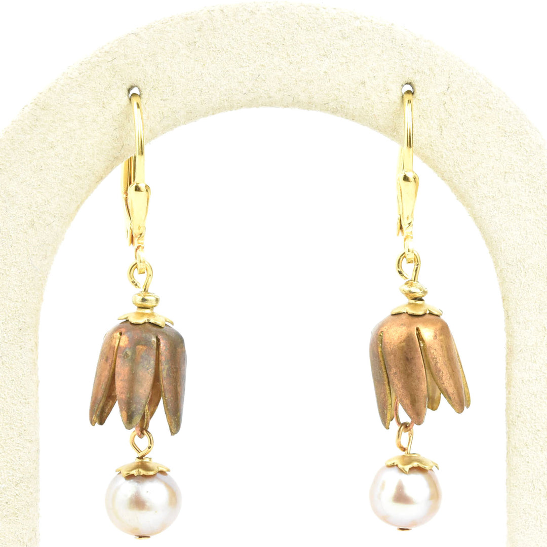 Vintage Brass Tulip & Pearl Earrings