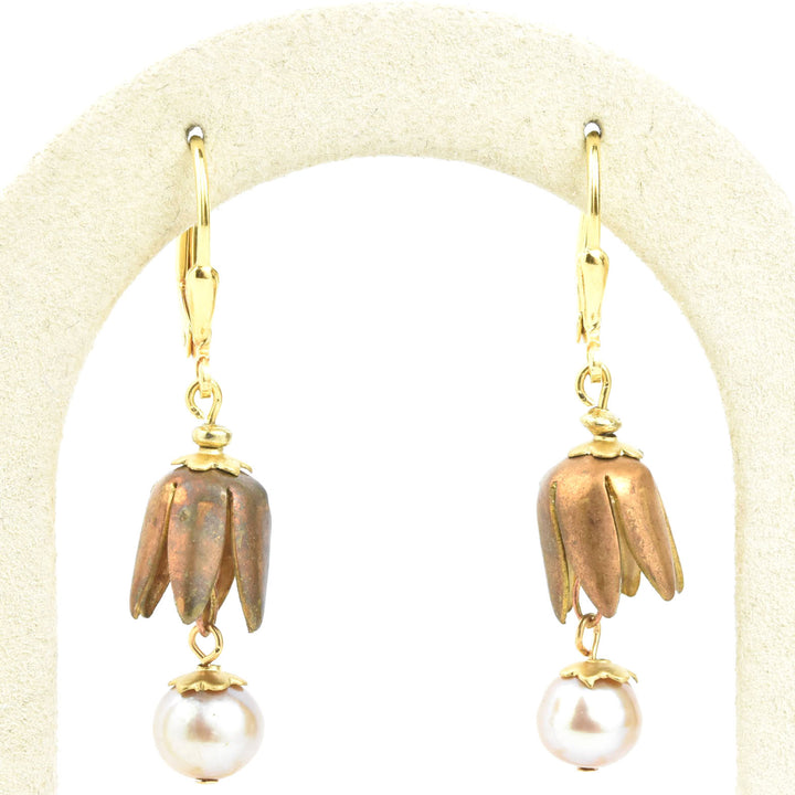 Vintage Brass Tulip & Pearl Earrings