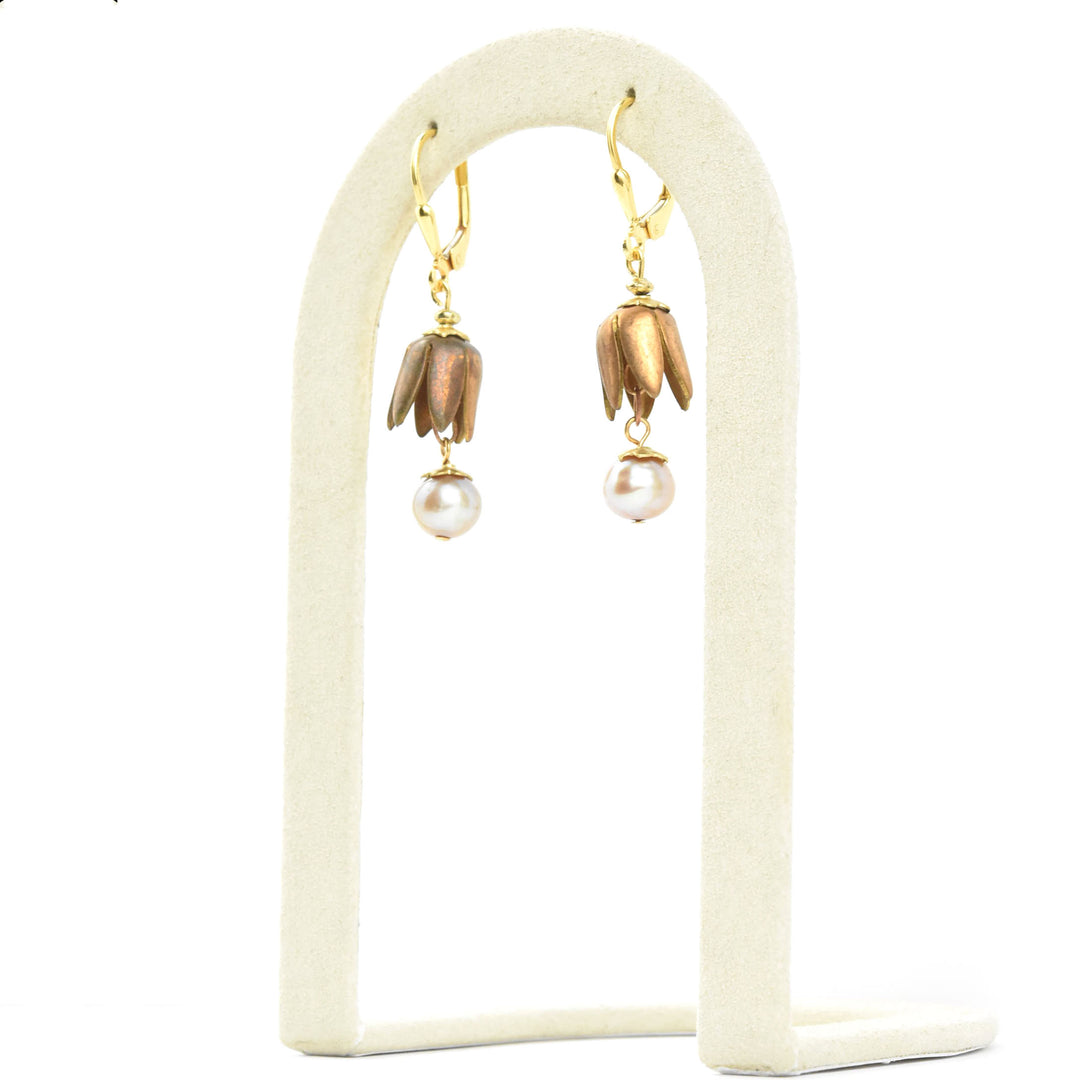 Vintage Brass Tulip & Pearl Earrings