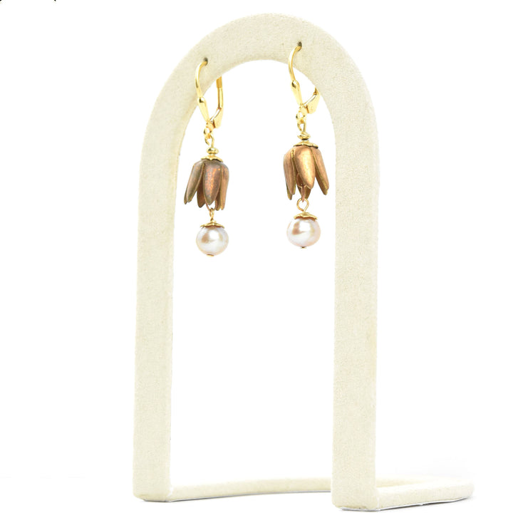 Vintage Brass Tulip & Pearl Earrings