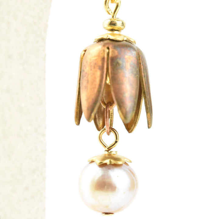 Vintage Brass Tulip & Pearl Earrings