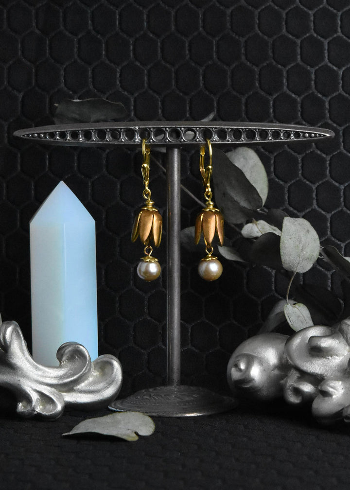 Vintage Brass Tulip & Pearl Earrings