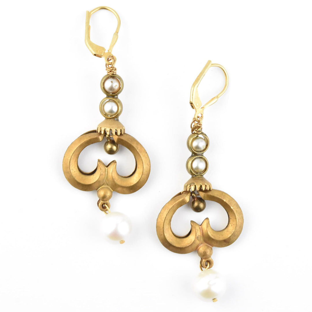 Pearl and Brass Swirl Earrings