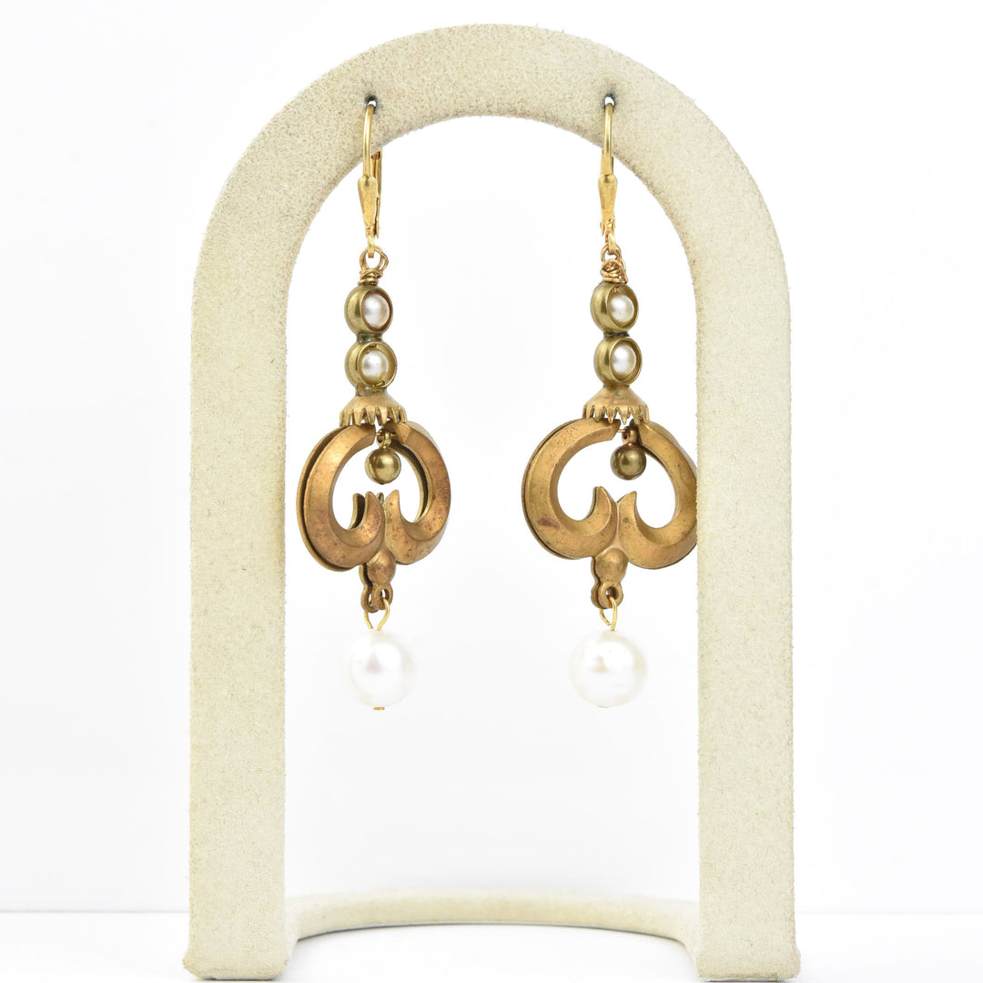 Pearl and Brass Swirl Earrings