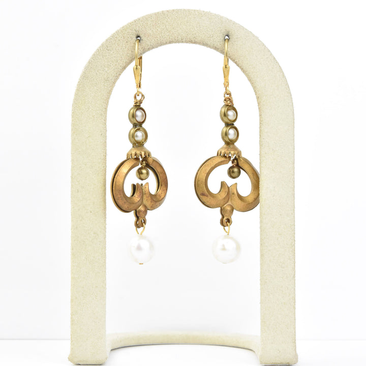 Pearl and Brass Swirl Earrings