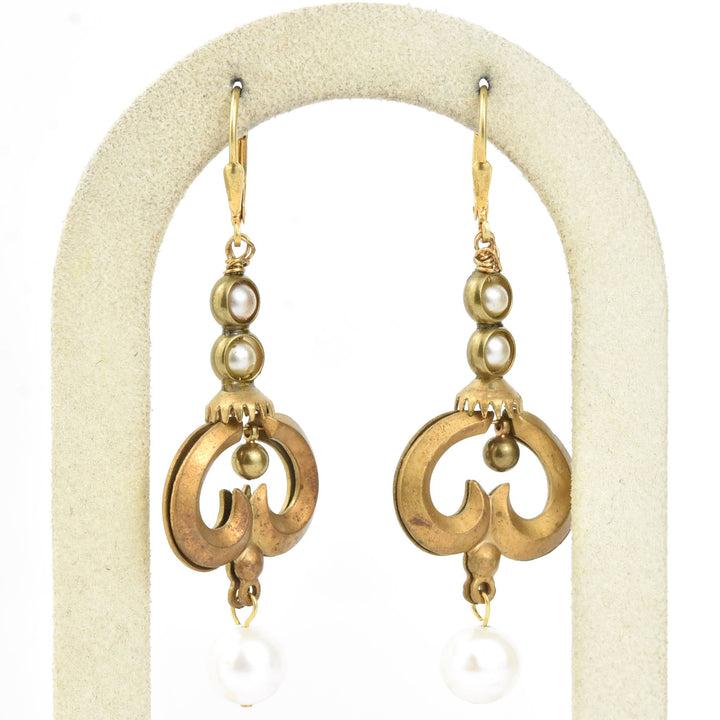 Pearl and Brass Swirl Earrings