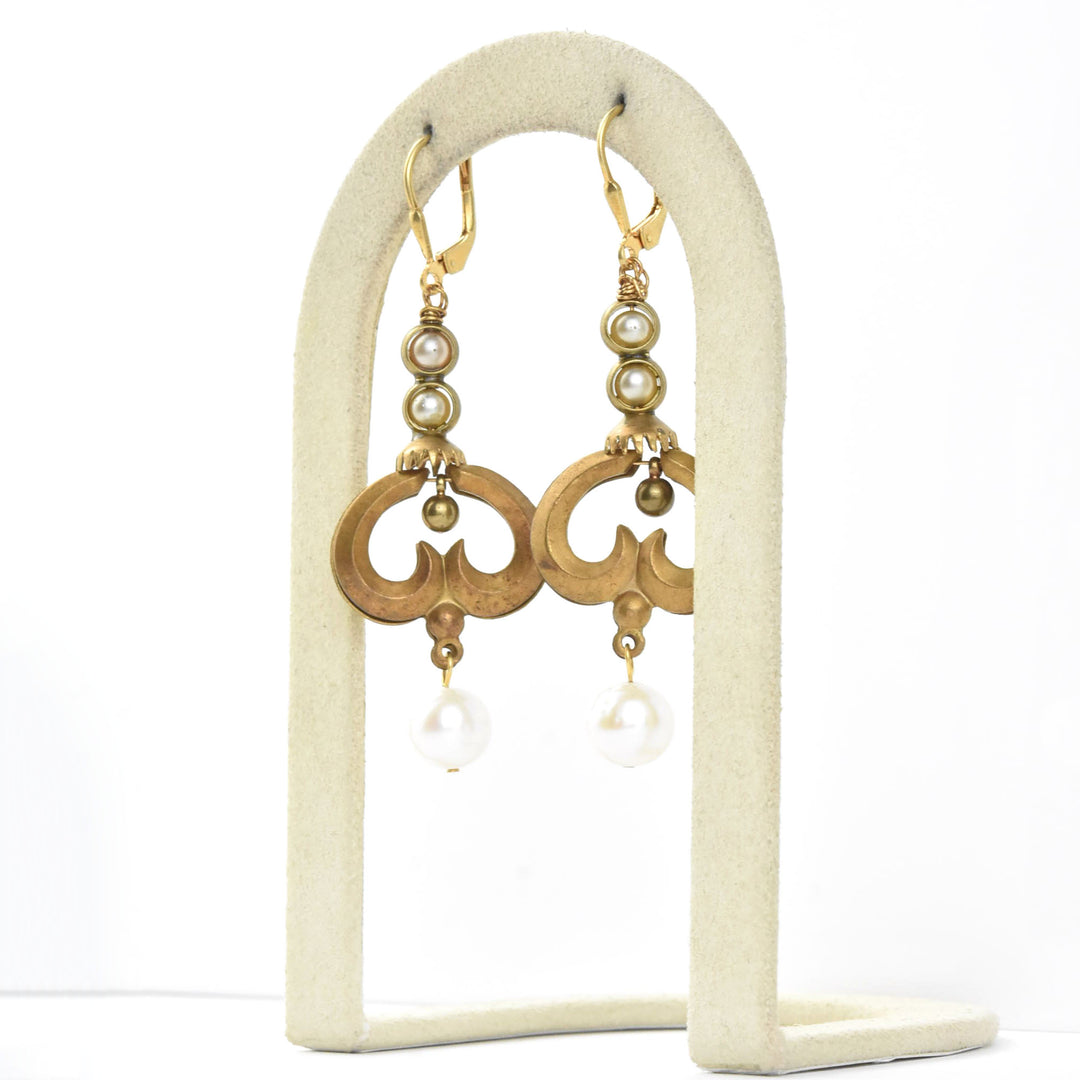 Pearl and Brass Swirl Earrings
