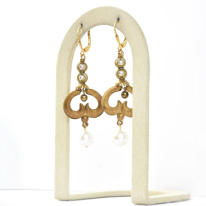 Pearl and Brass Swirl Earrings