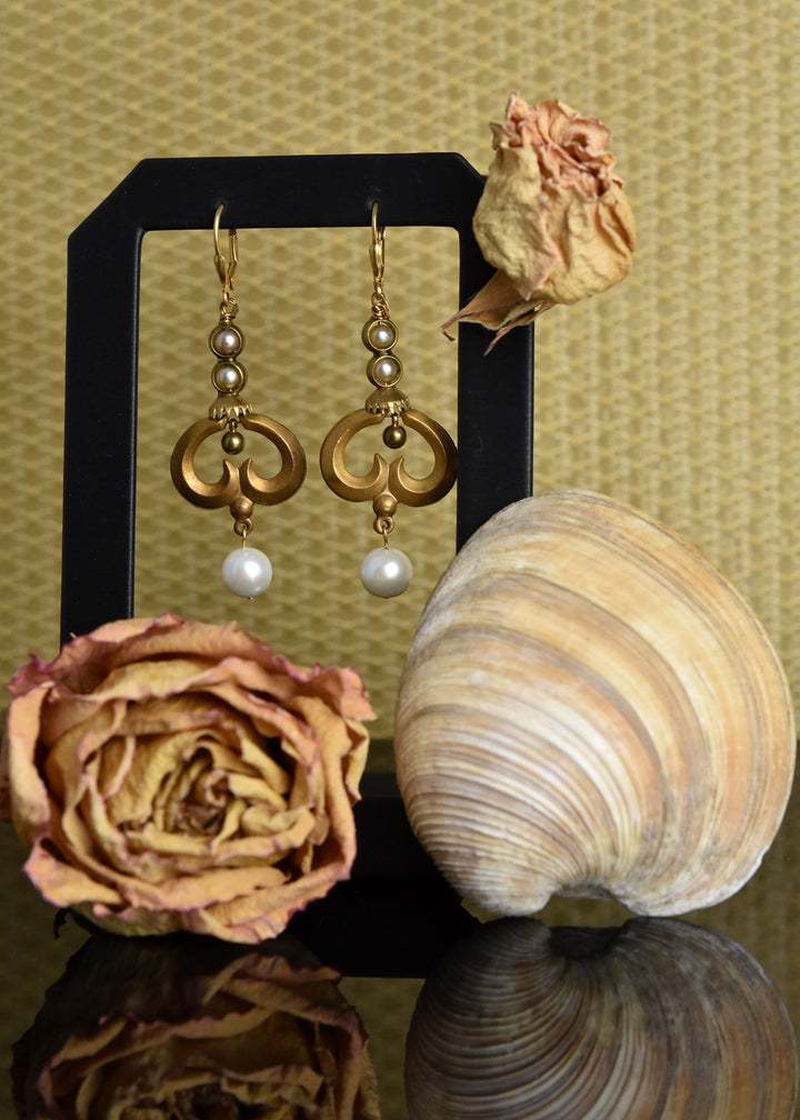 Pearl and Brass Swirl Earrings