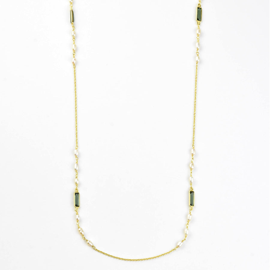 Peal and Green Tourmaline Long Necklace - Goldmakers Fine Jewelry
