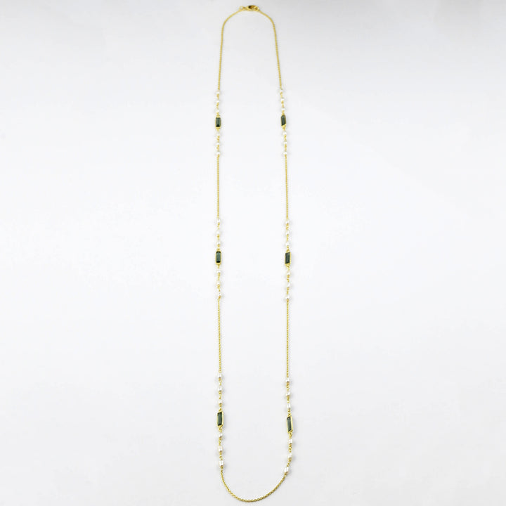 Peal and Green Tourmaline Long Necklace - Goldmakers Fine Jewelry