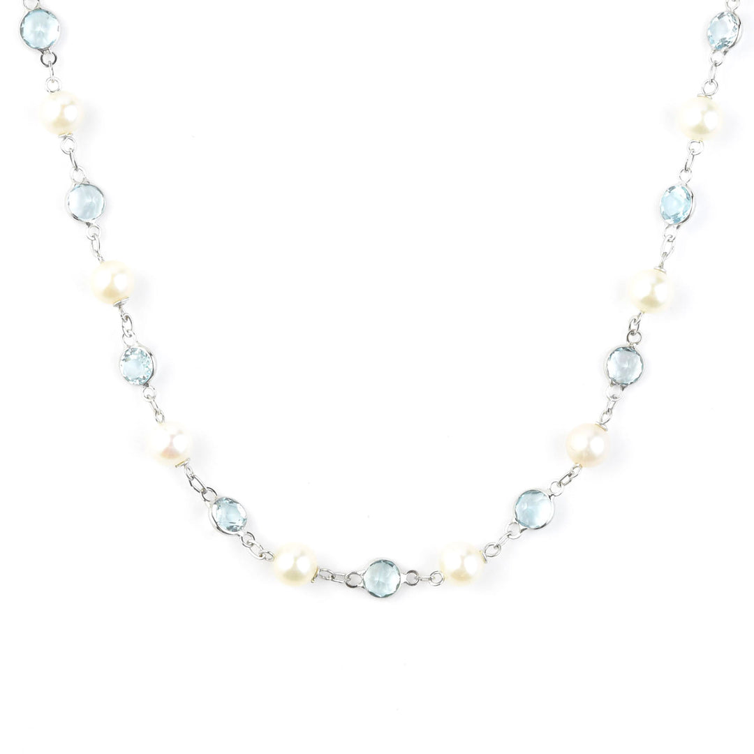 Pearl & Blue Topaz Station Necklace in 14k White Gold