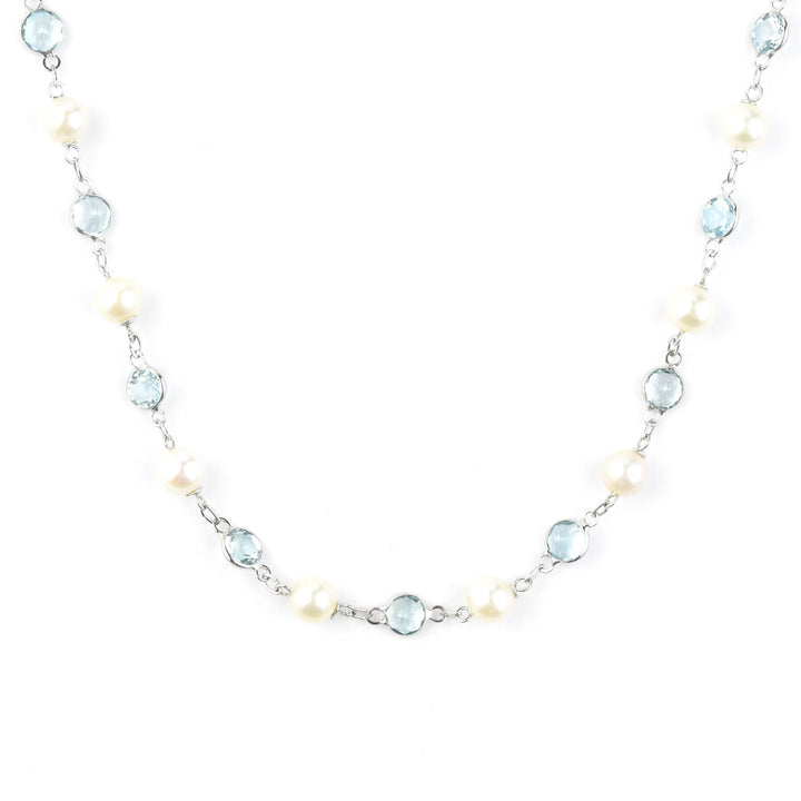 Pearl & Blue Topaz Station Necklace in 14k White Gold