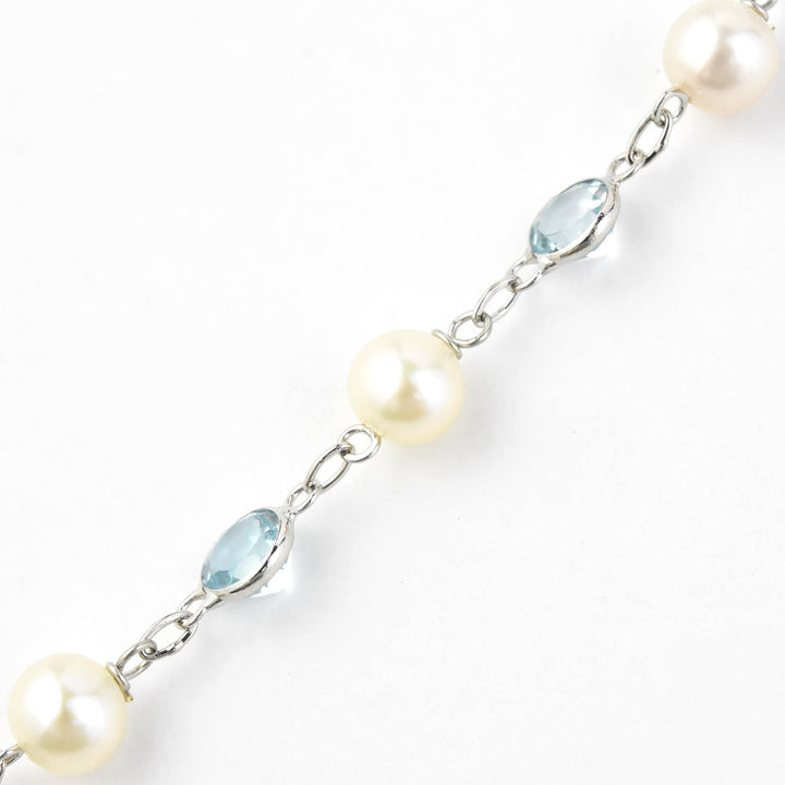 Pearl & Blue Topaz Station Necklace in 14k White Gold