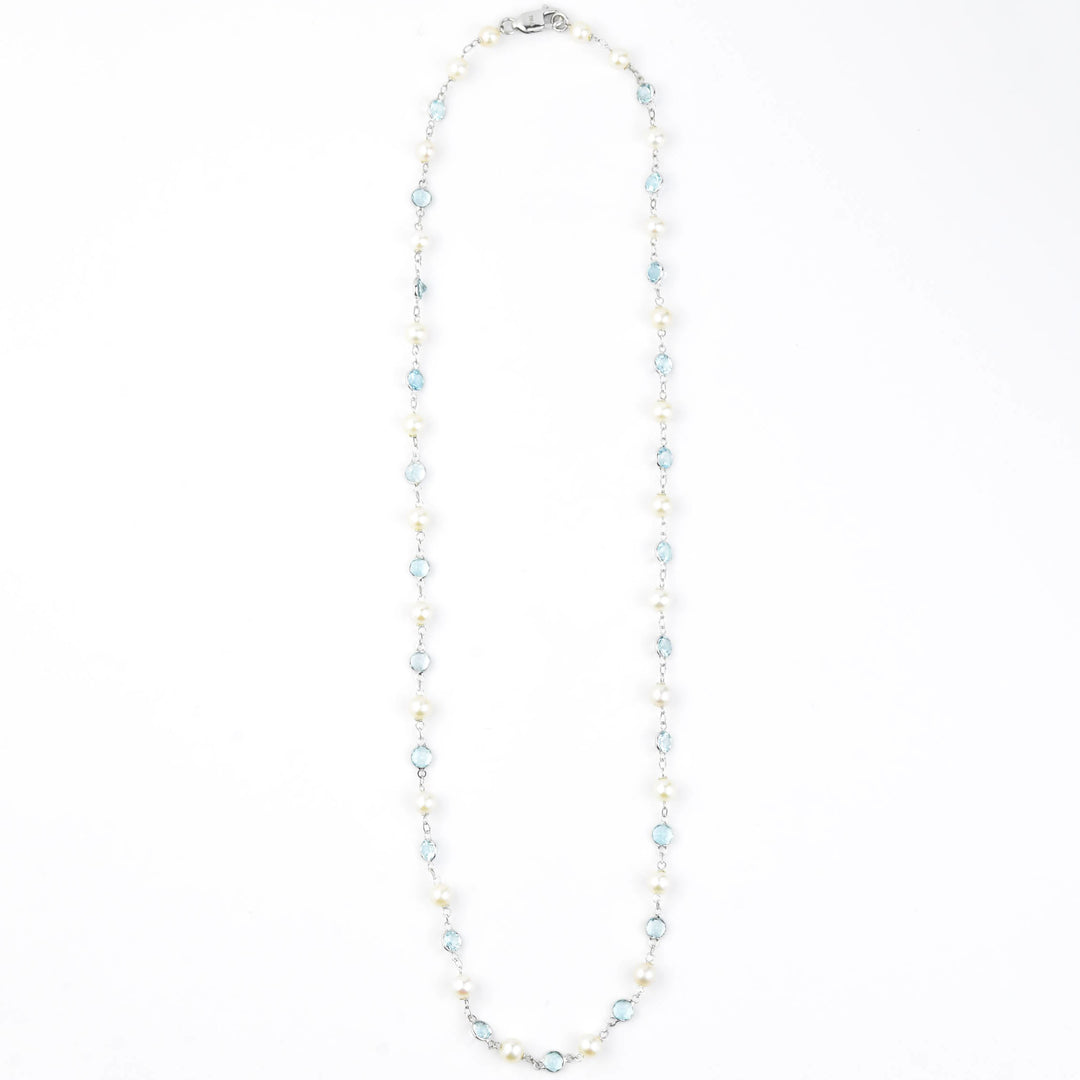 Pearl & Blue Topaz Station Necklace in 14k White Gold