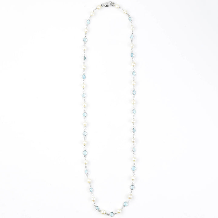 Pearl & Blue Topaz Station Necklace in 14k White Gold