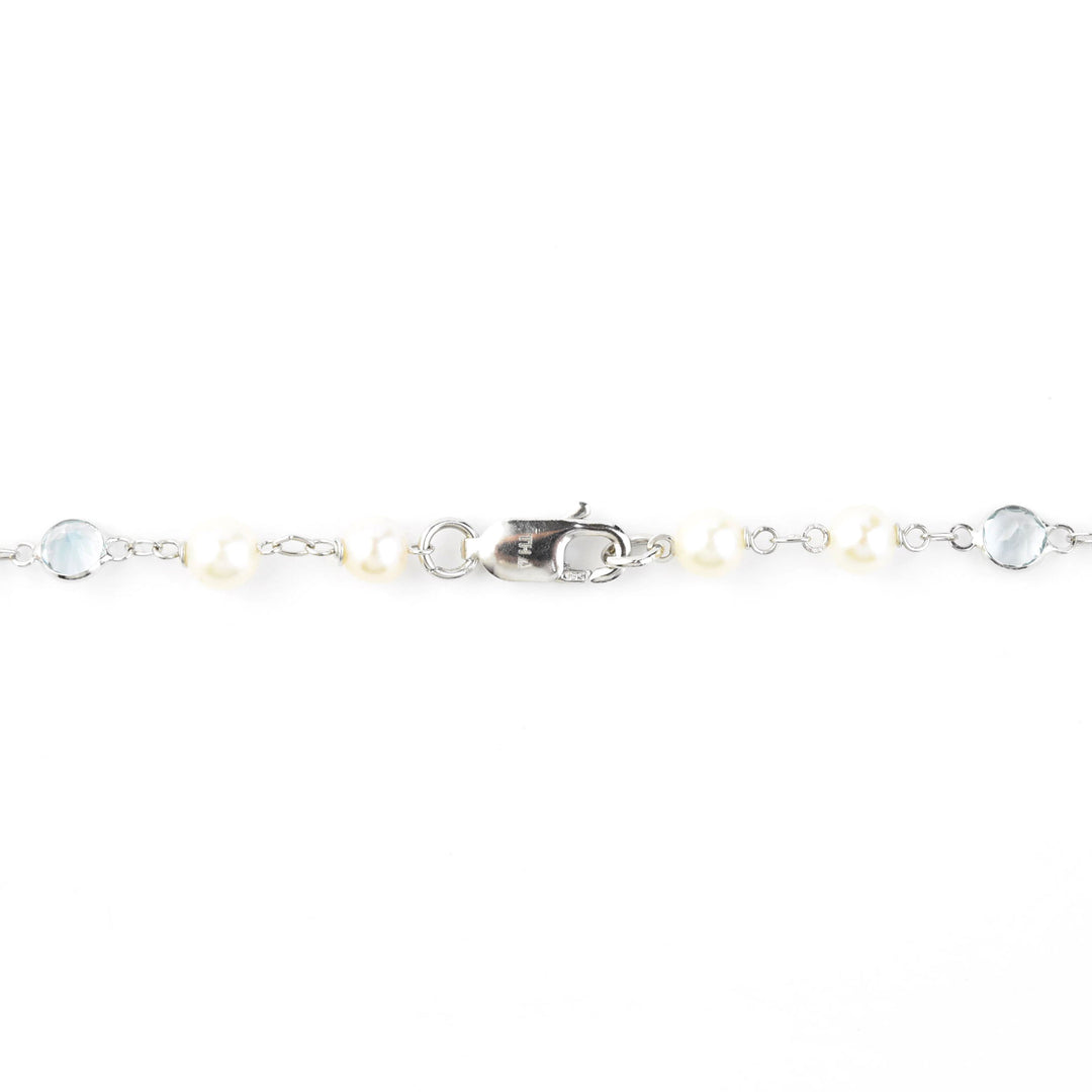 Pearl & Blue Topaz Station Necklace in 14k White Gold