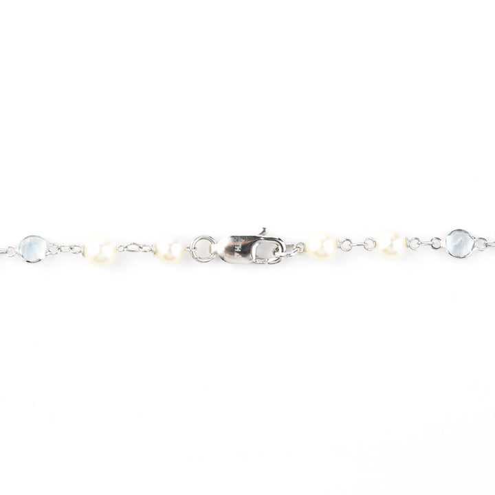 Pearl & Blue Topaz Station Necklace in 14k White Gold
