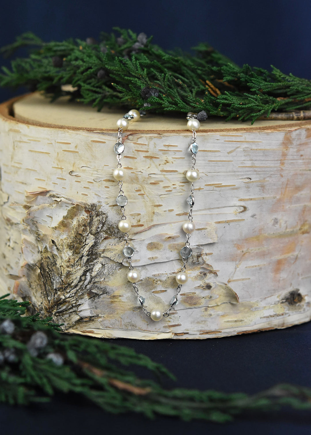 Pearl & Blue Topaz Station Necklace in 14k White Gold