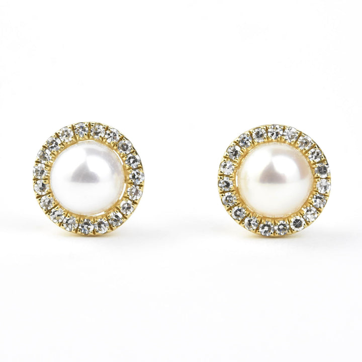 Pearl and Diamond Halo Studs in Yellow Gold