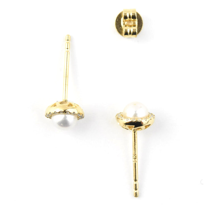 Pearl and Diamond Halo Studs in Yellow Gold