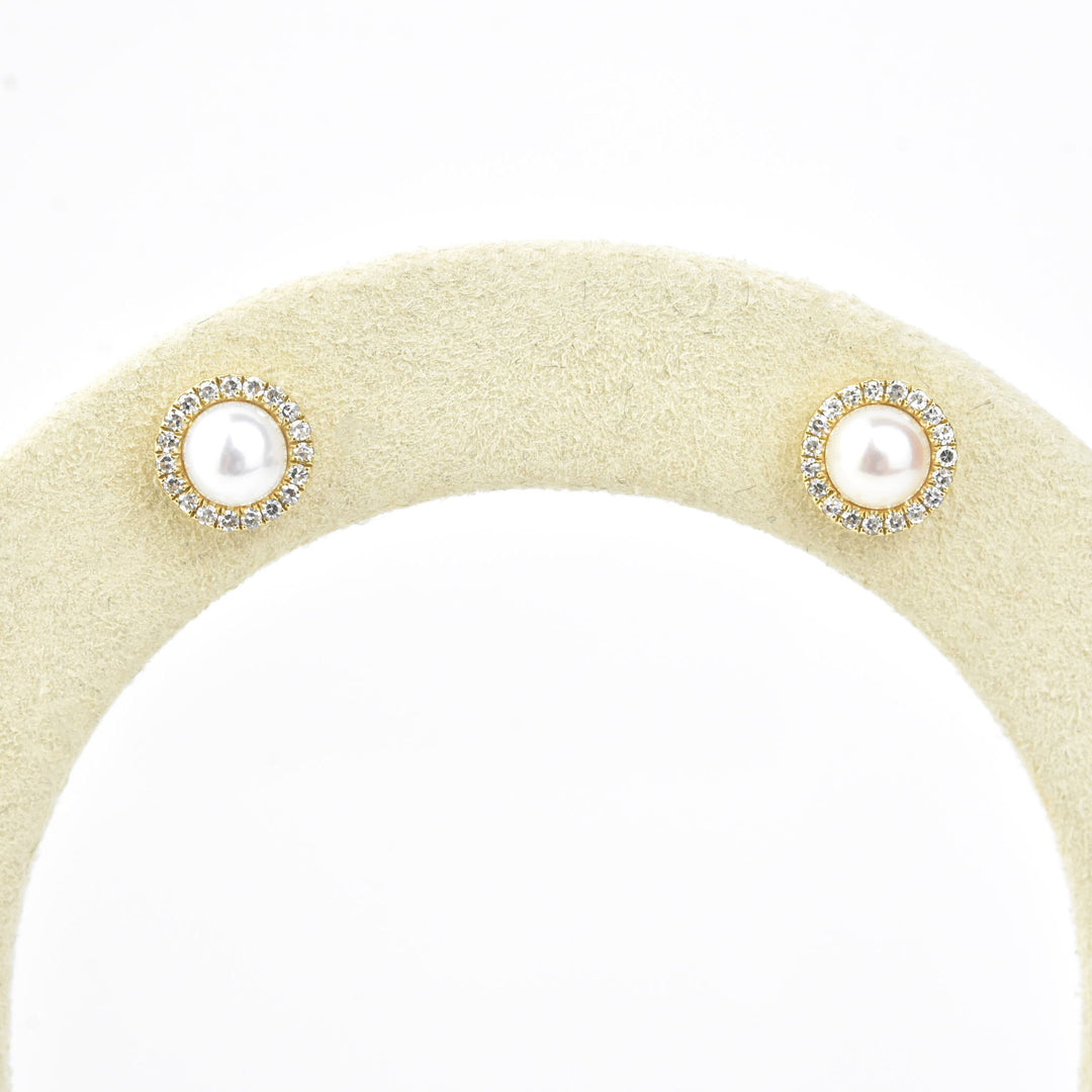 Pearl and Diamond Halo Studs in Yellow Gold